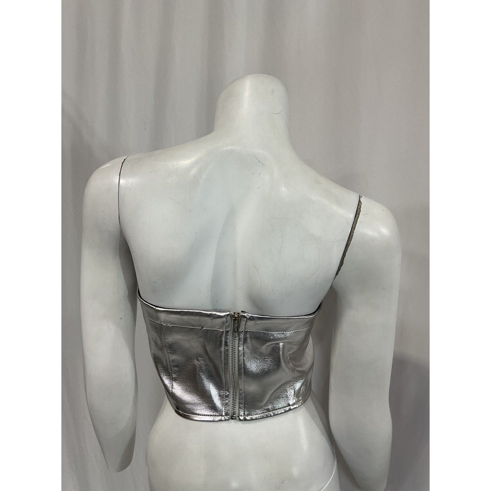 Line & Dot 'Tinsley' Silver Faux Leather Strapless Top Size M