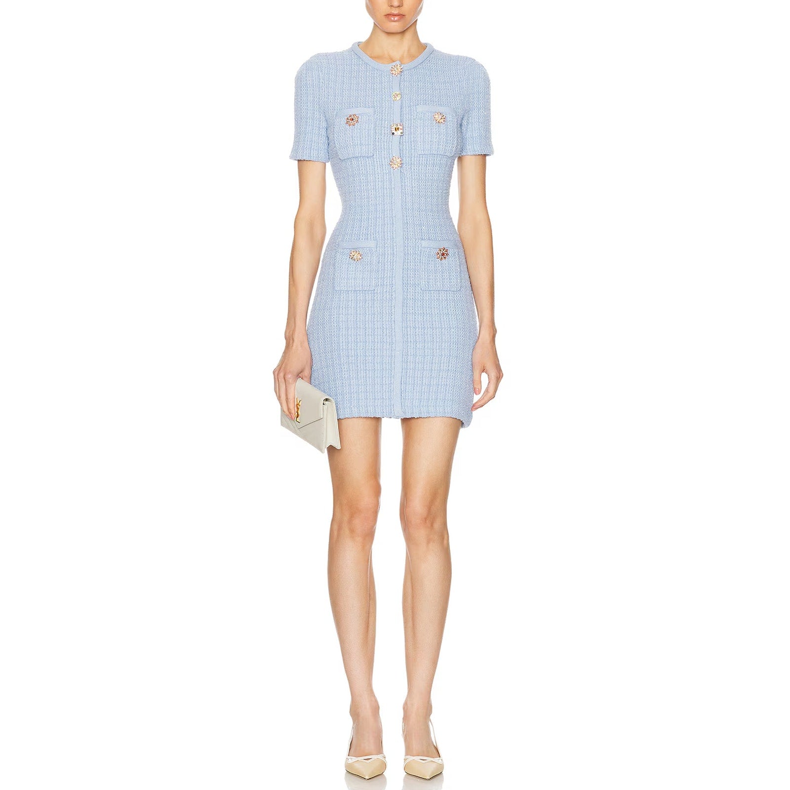 Self-Portrait 'Jewel' Blue Viscose Button Knit Mini Dress Size L