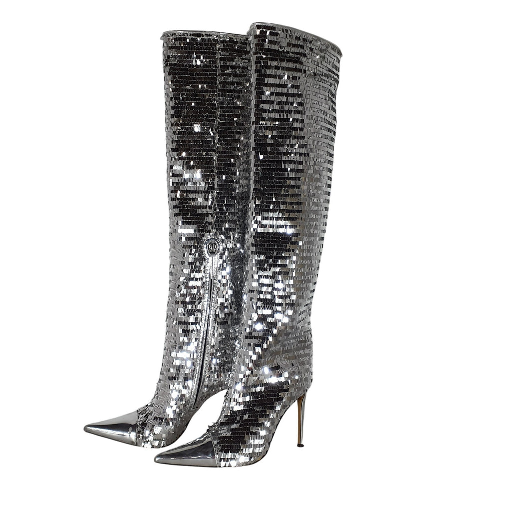 Alexandre Vauthier Silver Leather Sequined 105 Boot Size 8.5