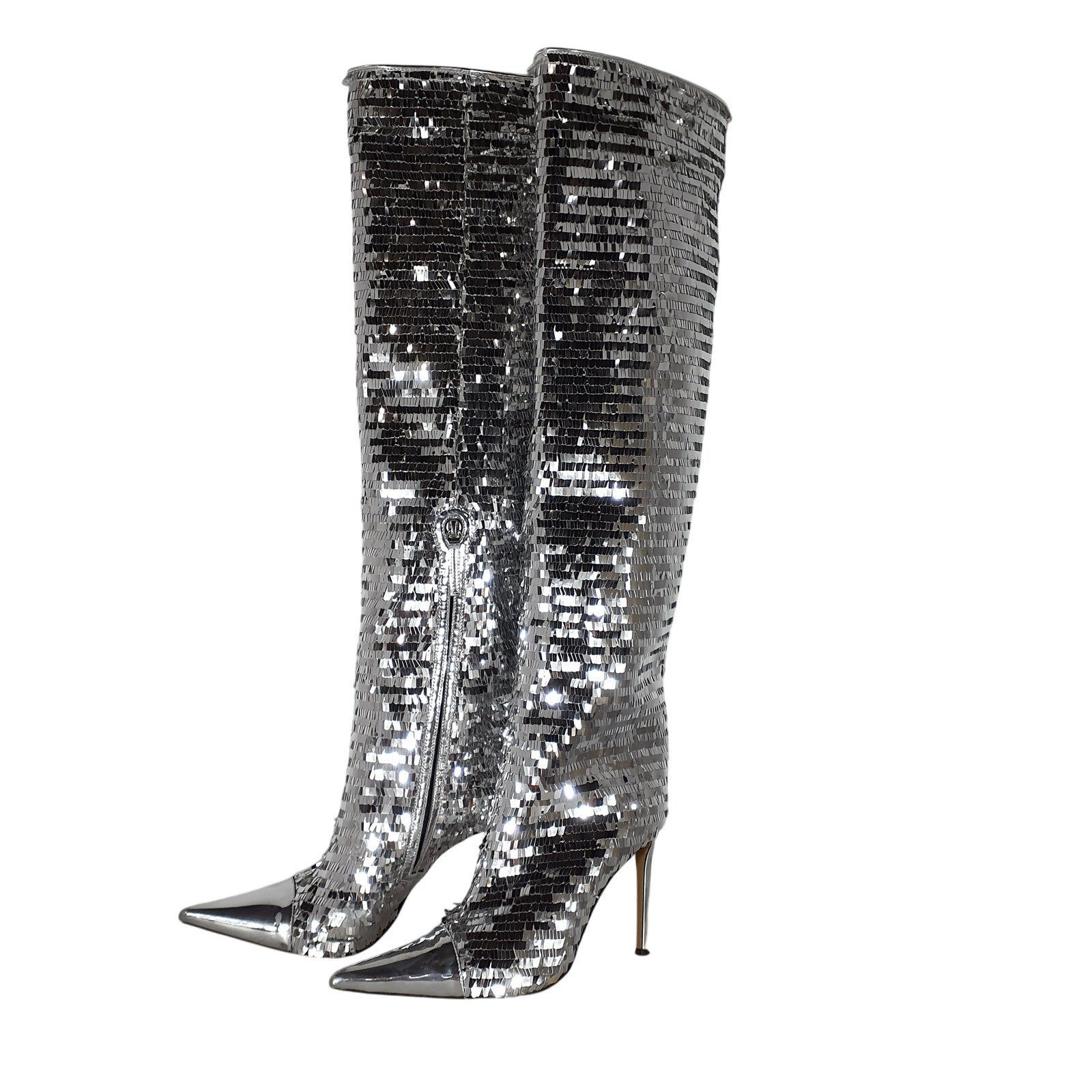 Alexandre Vauthier Silver Leather Sequined 105 Boot Size 8.5