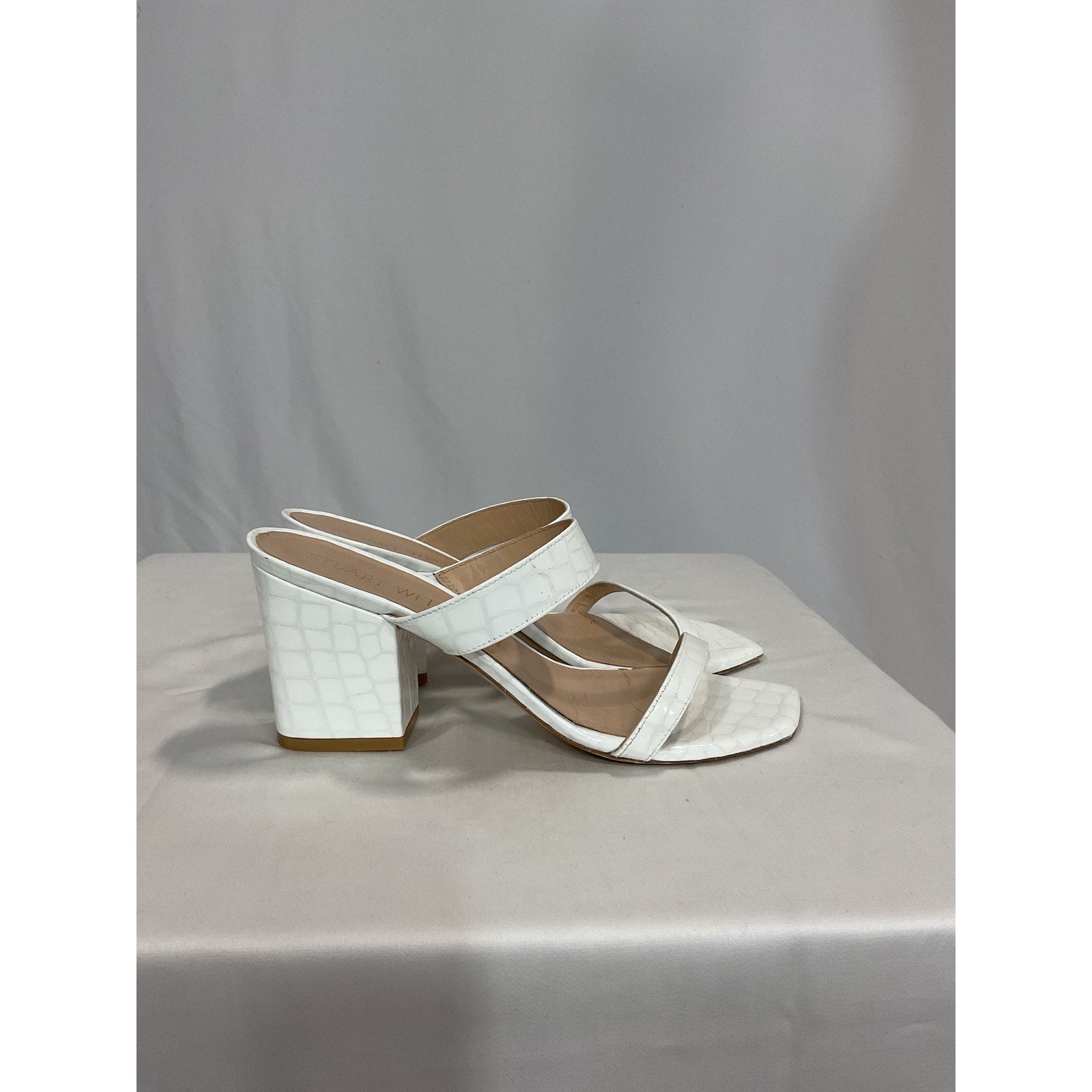 Stuart Weitzman 'Croc-Embossed' White Leather Mules Size 11