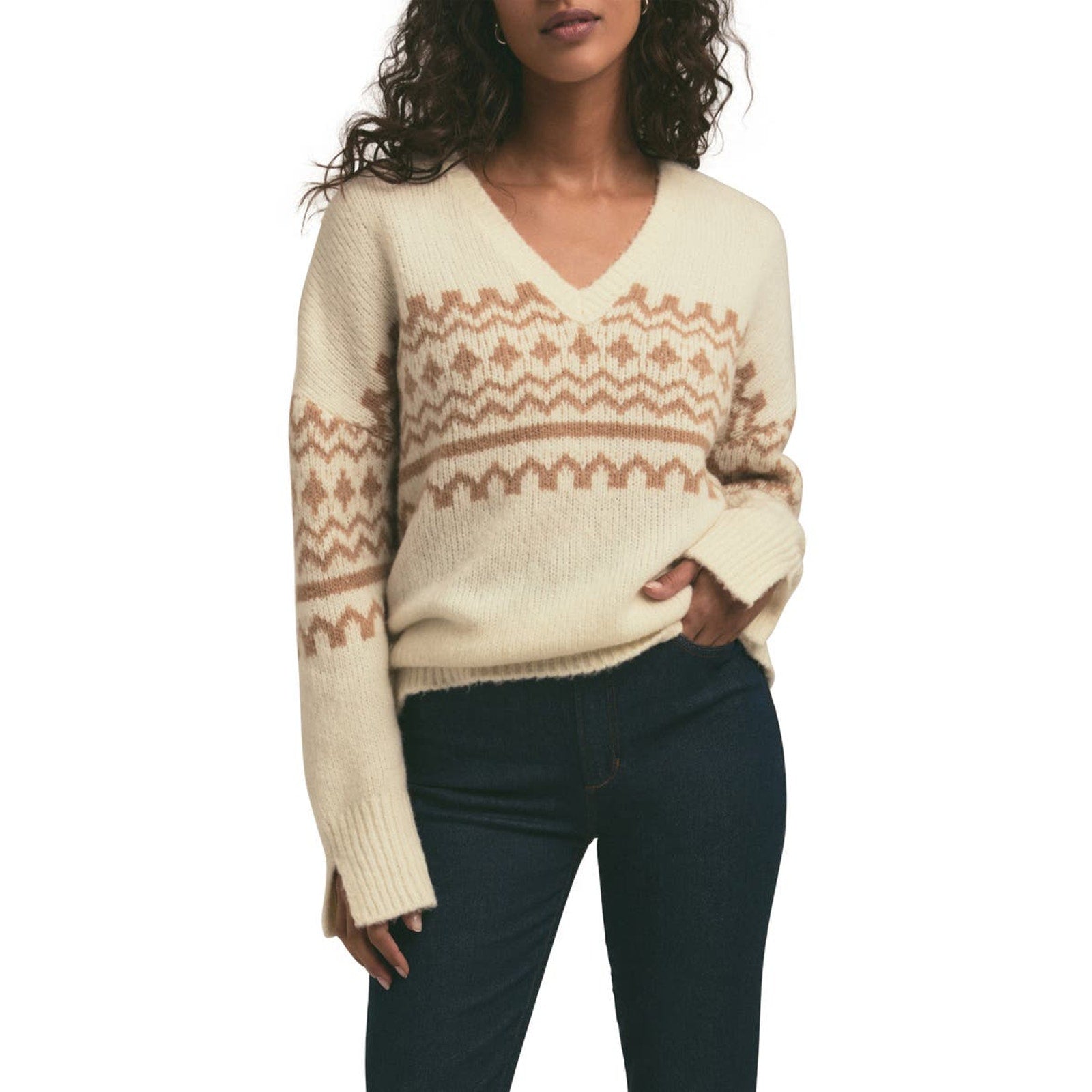 Favorite Daughter 'The Winter William' White Merino Wool Blend V Neck Sweater Size L