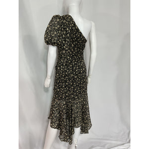 Astr The Label 'Santorini' Black One Shoulder Chiffon Puff Sleeve Midi Dress Size M