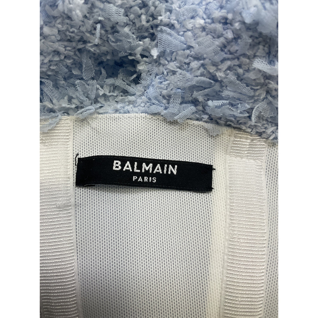 Balmain 'Bouclé' Blue Viscose Button-Embellished Bustier Crop Top Size 2 US / FR 34