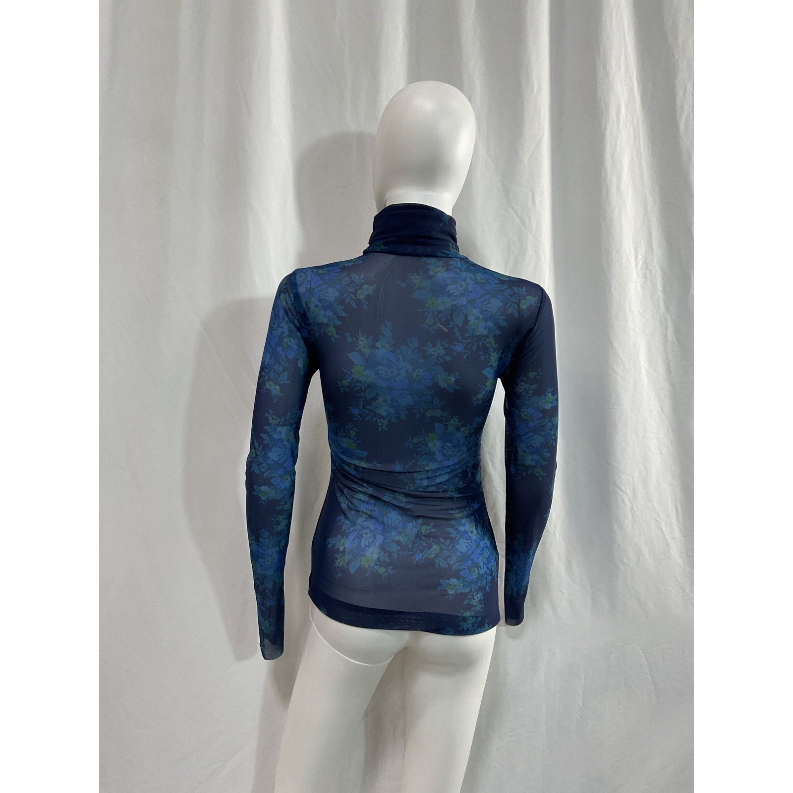 Ganni 'Printed' Blue Turtleneck Mesh Top Size 34