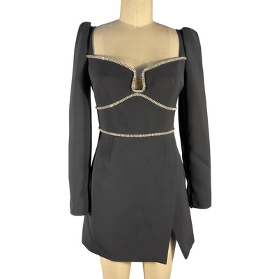 Self-Portrait Embellished Black Diamante Trim Mini Dress Size US 4