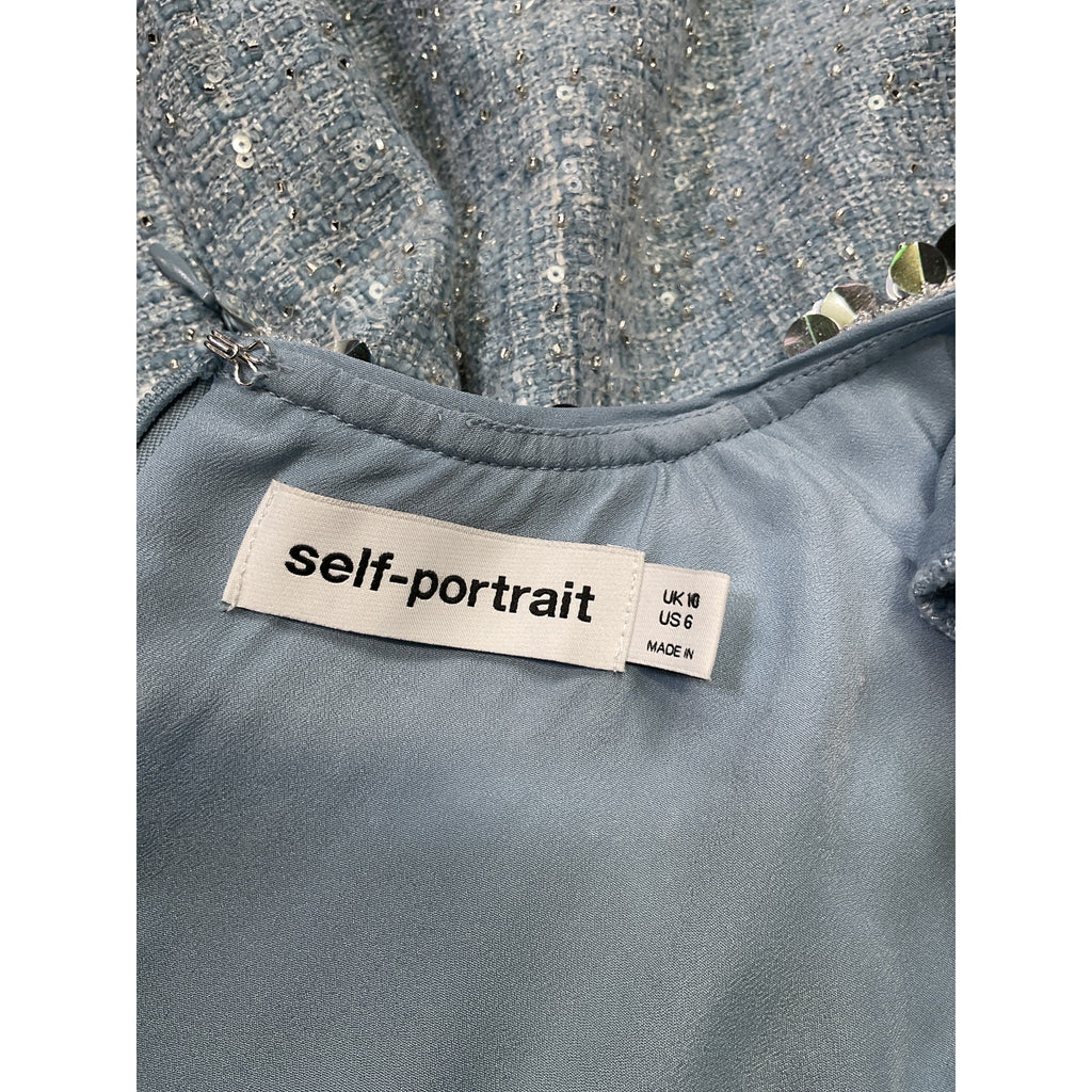 Self-Portrait Embellished Blue Polyester Boucl� Mini Dress Size 6