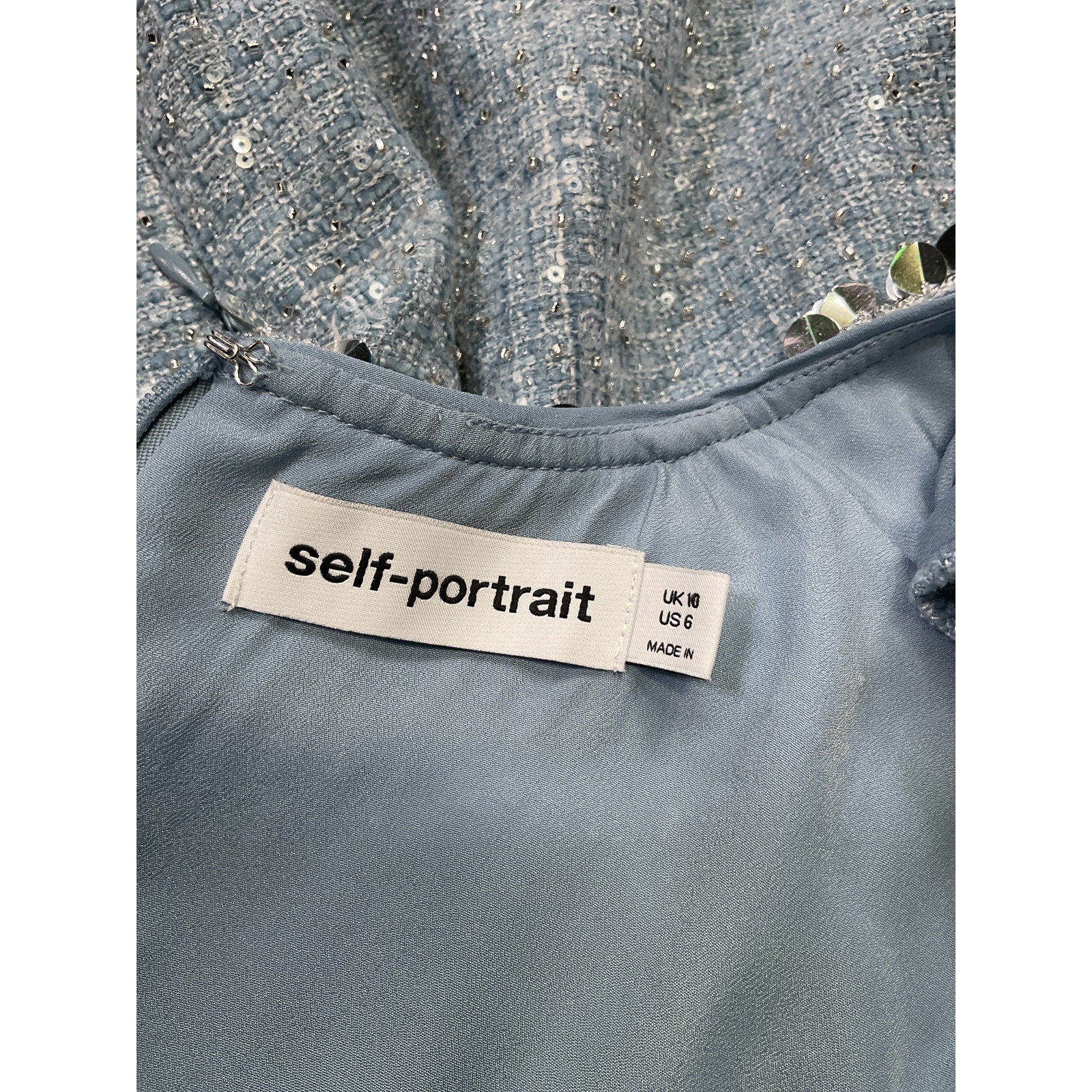 Self-Portrait Embellished Blue Polyester Boucl� Mini Dress Size 6