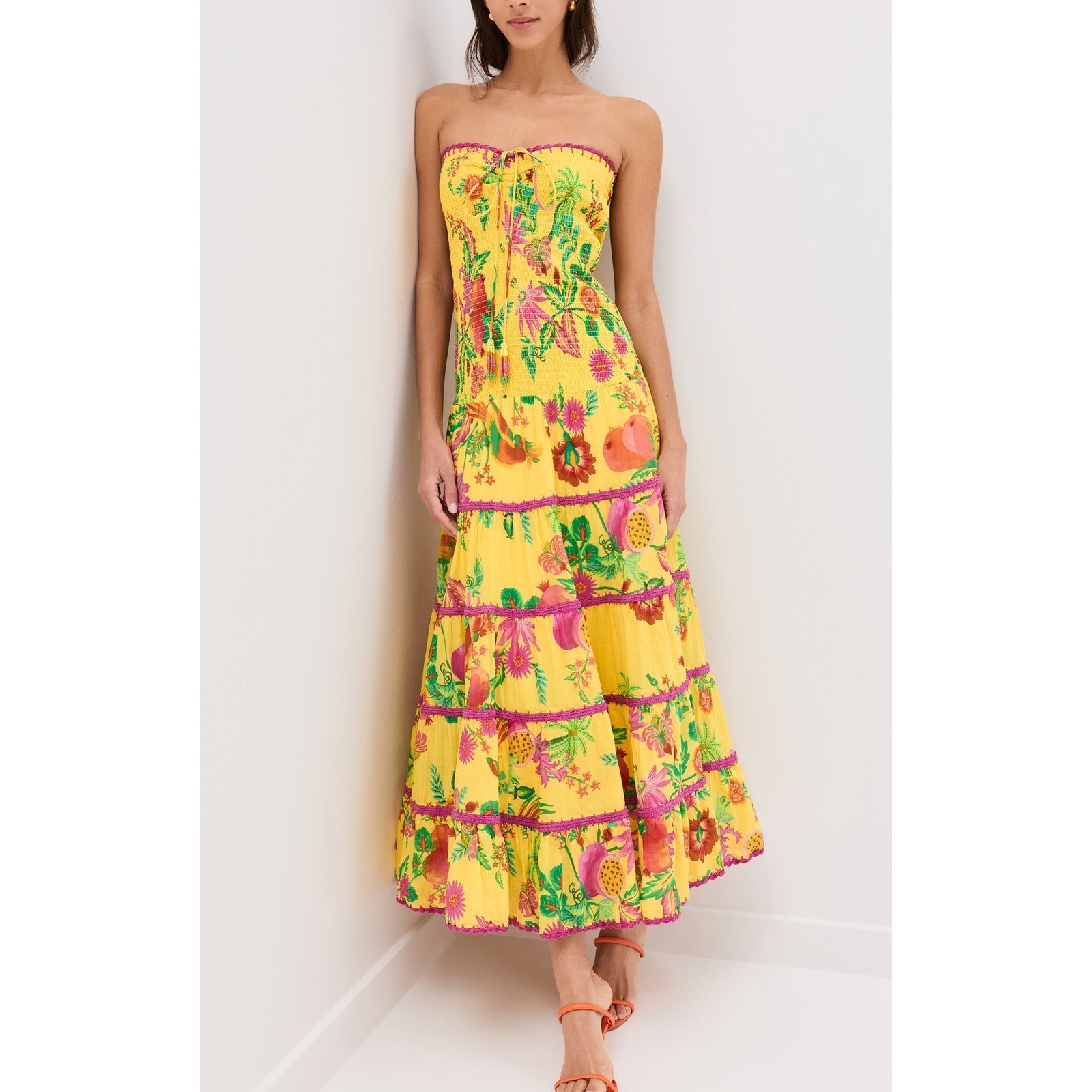 Farm Rio 'Delicate' Yellow Cotton Fruit Garden Smocked Maxi Dress Size S