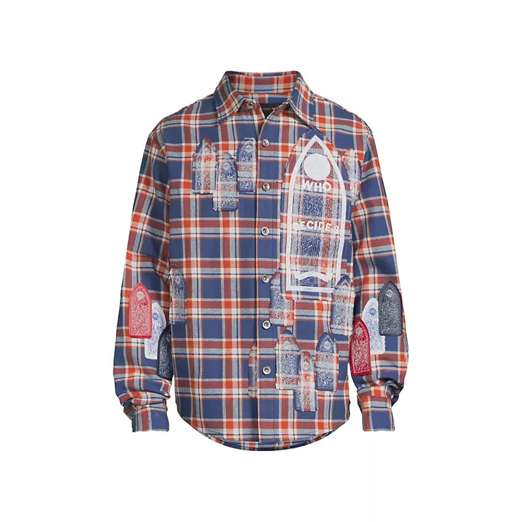 Who Decides War Glory Blue Cotton Patchwork Flannel Shirt Size XL