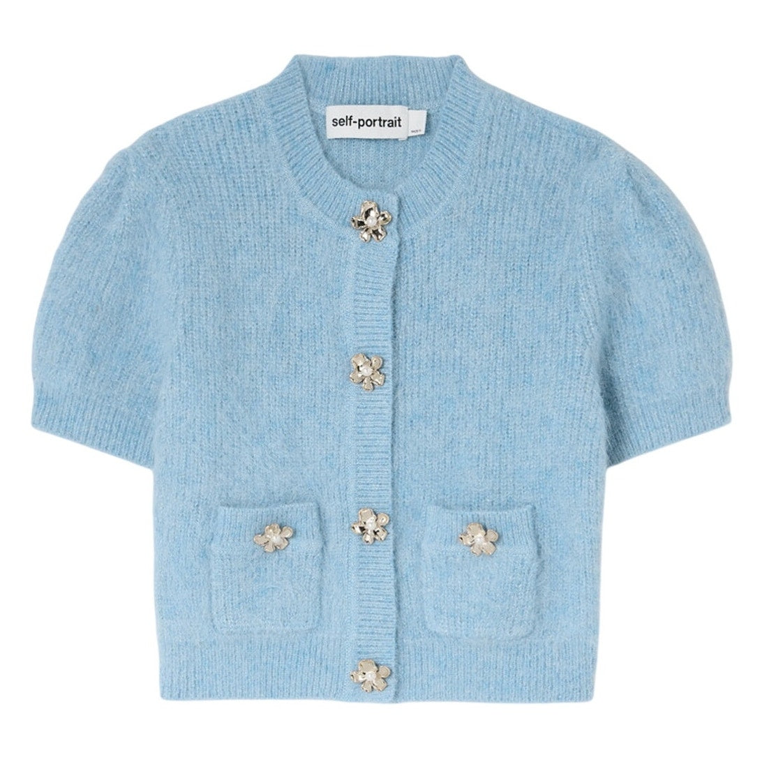 Self-Portrait Embellished Blue Ribbed-Knit Cardigan Size Small