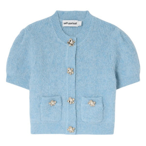 Self-Portrait Embellished Blue Ribbed-Knit Cardigan Size Small