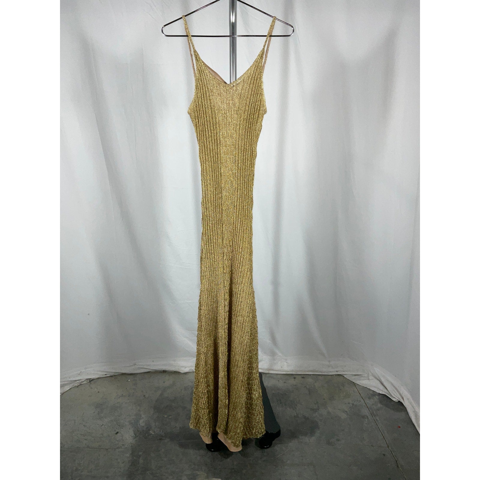 Victoria Beckham Metallic Gold Polyester Ribbed-Knit Maxi Dress Size M