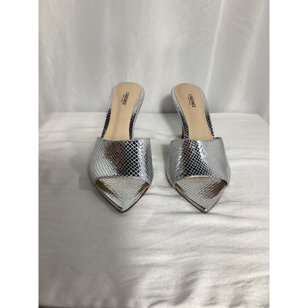 L'Agence 'Lolita' Silver Leather Pointed Toe Sandal Size 9