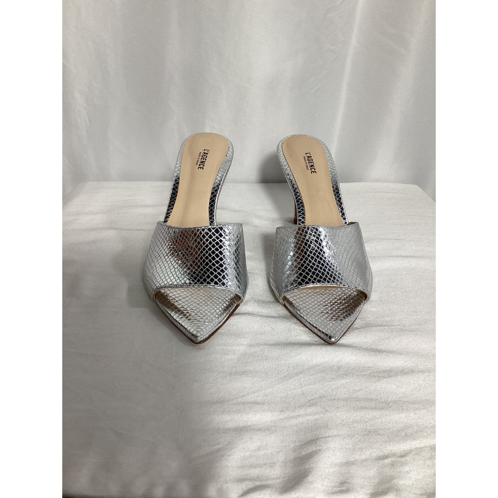 L'Agence 'Lolita' Silver Leather Pointed Toe Sandal Size 9