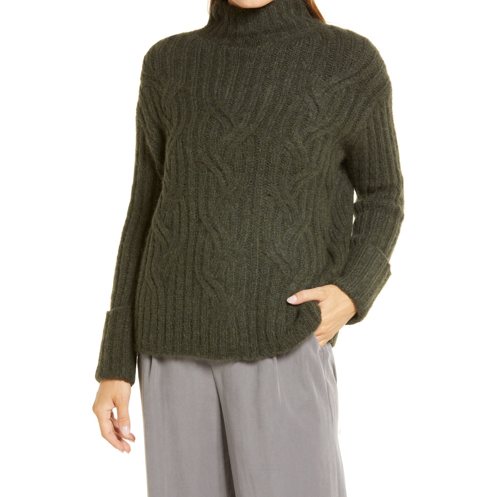 Vince 'Mirrored' Green Alpaca Cable Turtleneck Sweater Size XS