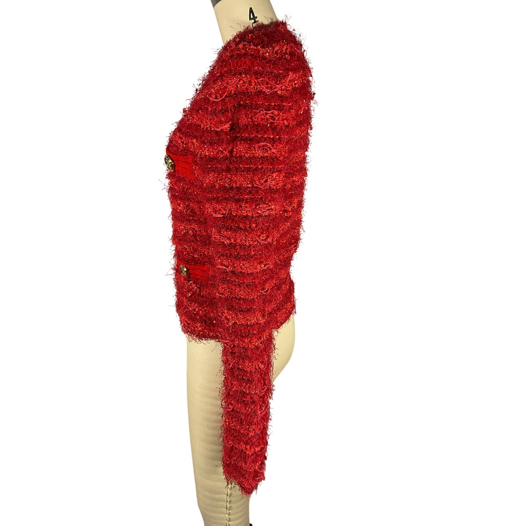 Balmain Strong Shoulder Red Tweed Jacket Size 4 US / FR 36