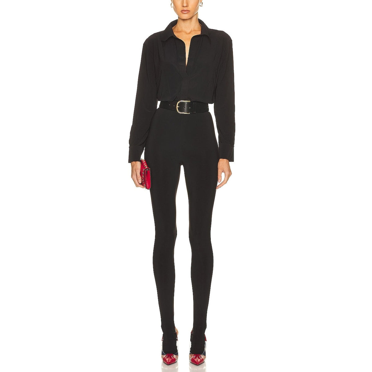 Norma Kamali Sleek Black Shirt Legging Jumpsuit Size S