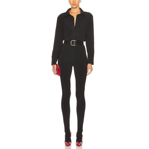 Norma Kamali Sleek Black Shirt Legging Jumpsuit Size S