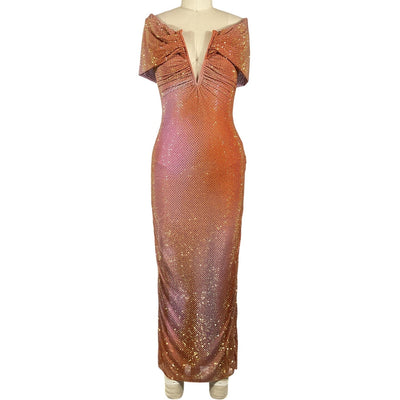 Self-Portrait Embellished Orange Off-Shoulder Midi Dress Size UK 8 / US 4