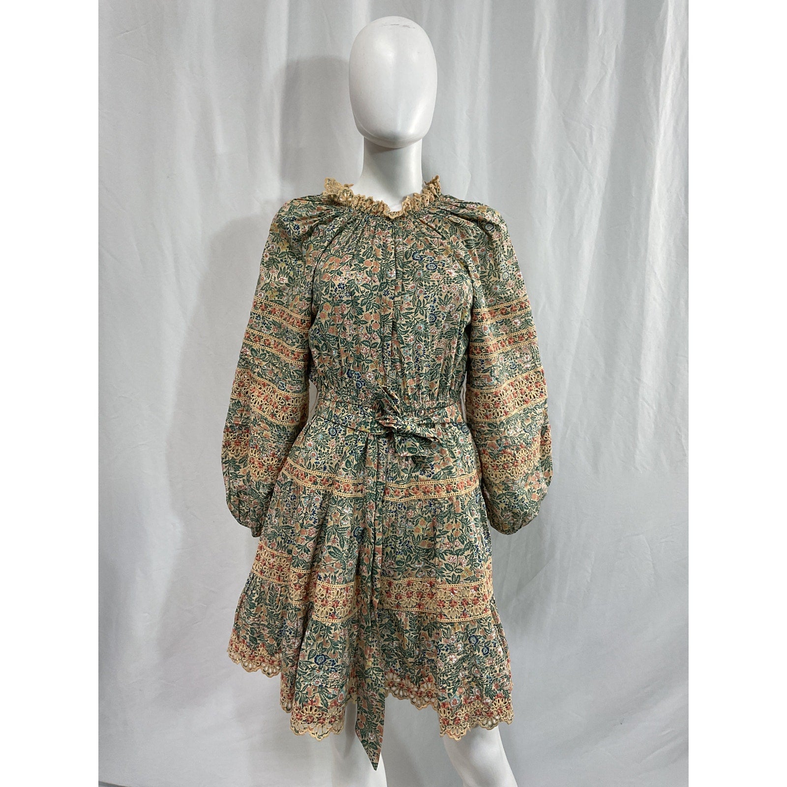 Ulla Johnson 'Ardith' Green Belted Broderie Anglaise-Trimmed Floral Poplin Mini Dress Size 4