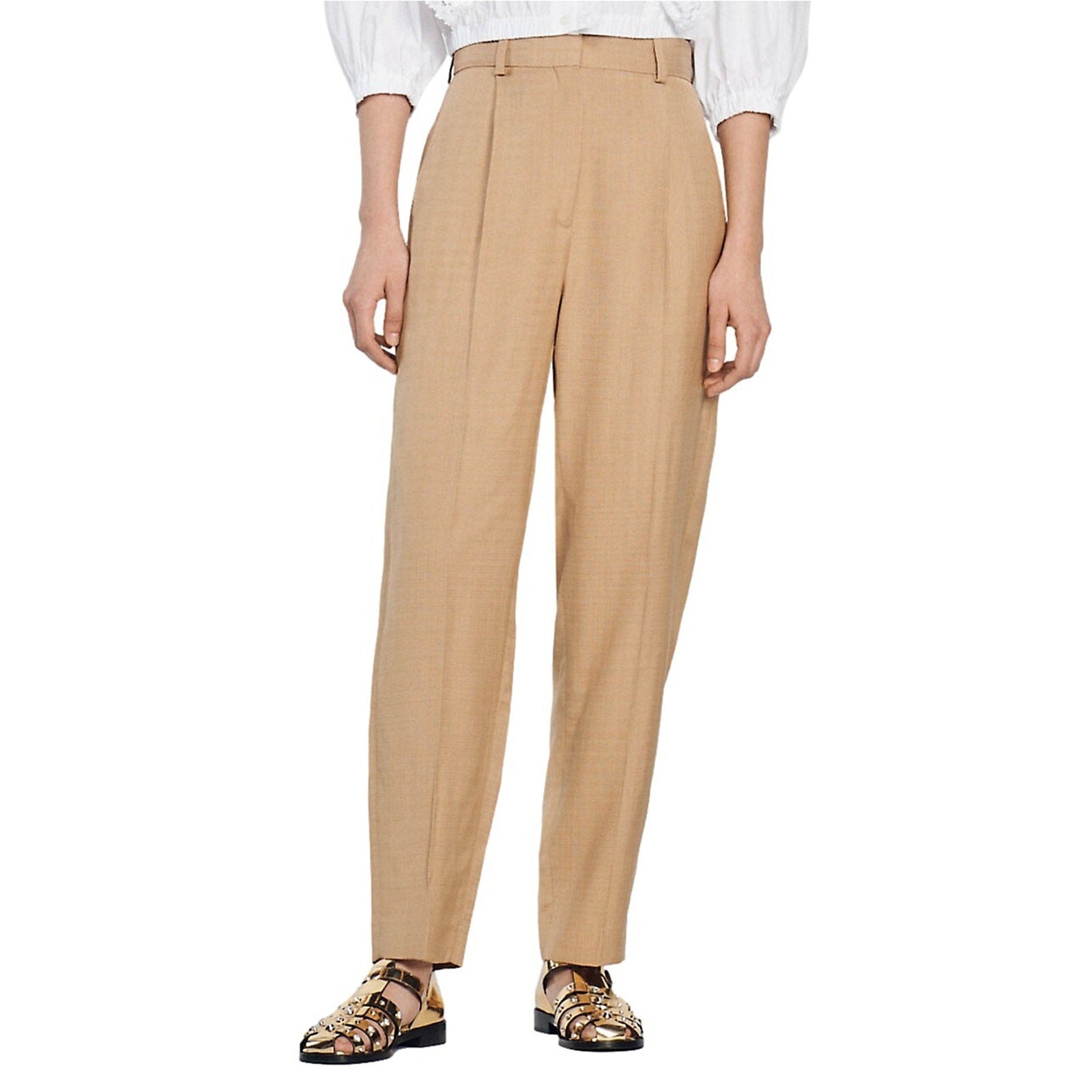 Sandro Tailored Tapered Beige Viscose Trousers Size 36