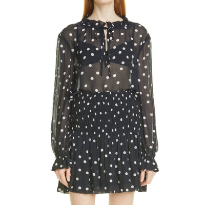 Ganni Sheer Sky Captain Polka Dot Tie Neck Blouse Size 2 US / 34 EU