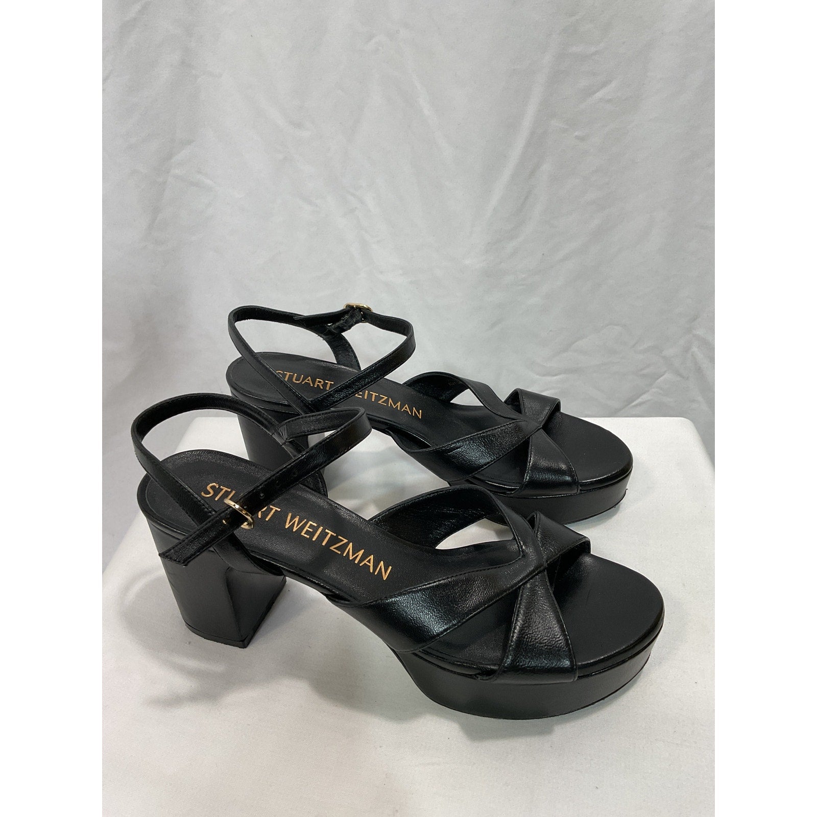 Stuart Weitzman 'Carmen' Black Midi Platform Open Toe Leather Sandal Size 7.5