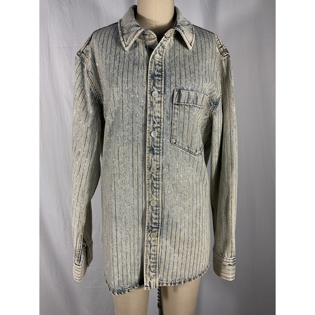 Alexander Wang 'Crystal' Blue Denim Stripe Oversized Crystal Embellished Shirt Size S - NWT