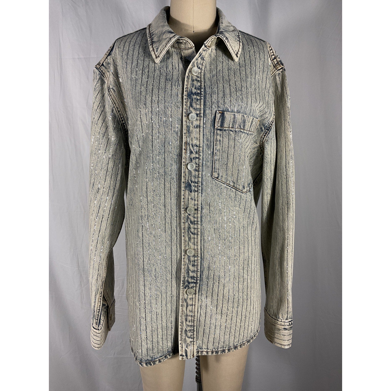 Alexander Wang 'Crystal' Blue Denim Stripe Oversized Crystal Embellished Shirt Size S - NWT