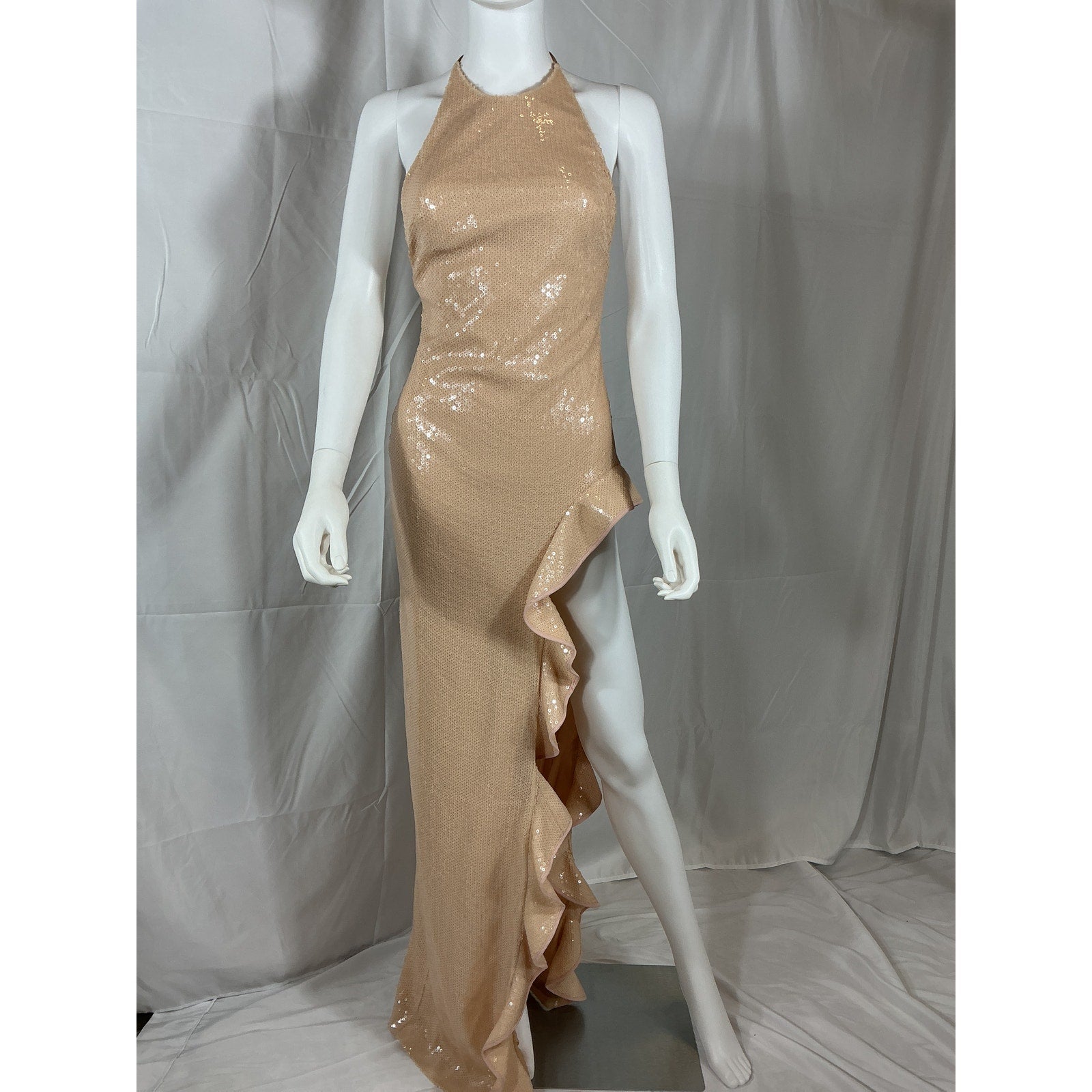 David Koma 'Ruffle' Tan Open Leg Sequin Gown Size 2 - NWT