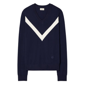 Tory Burch Merino Blue Chevron Sweater Size M