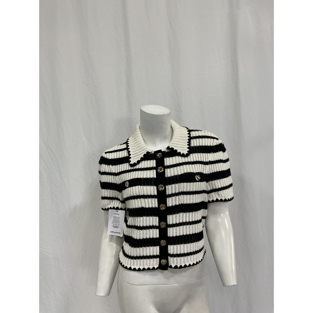 Self Portrait Striped Black Cotton Crochet Top Size M - NWT