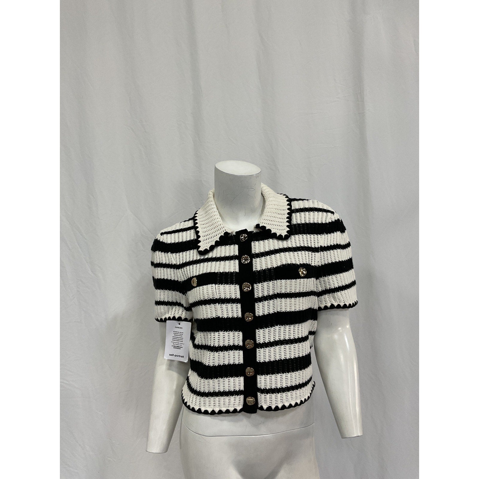 Self Portrait Striped Black Cotton Crochet Top Size M - NWT