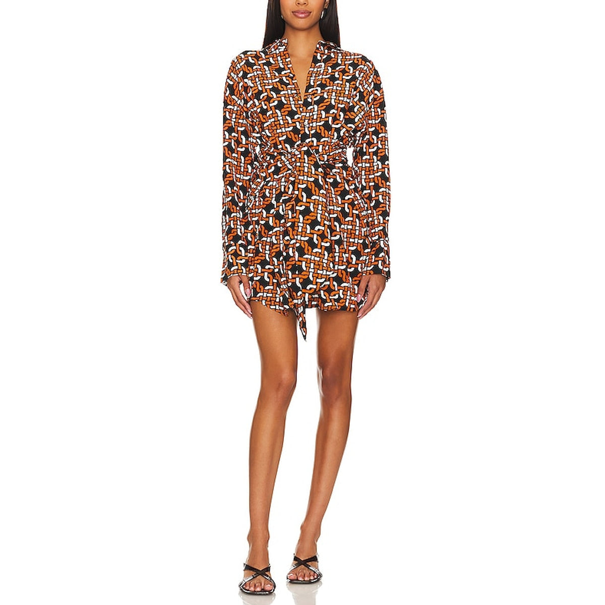 Faithfull The Brand Printed Orange Black White Mirah Shirt Dress Size S NWT