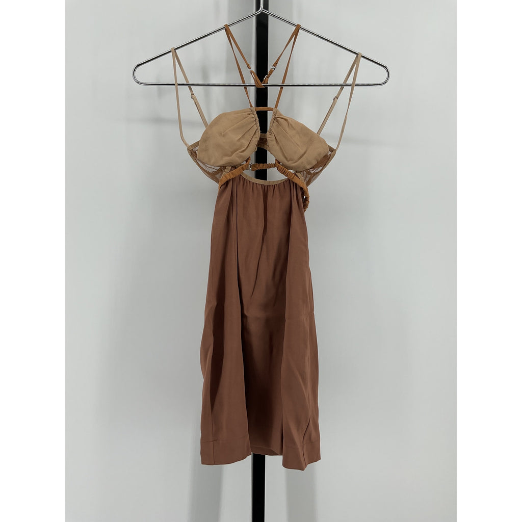 Nensi Dojaka Brown Polyester Draped Double Bra Mini Dress Size XXS