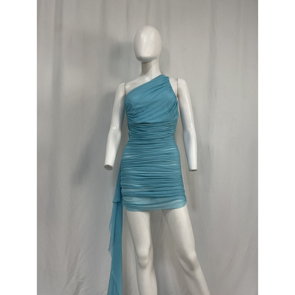 The Sei Blue Polyester Drape-Detail Ruched Chiffon Mini Dress Size S