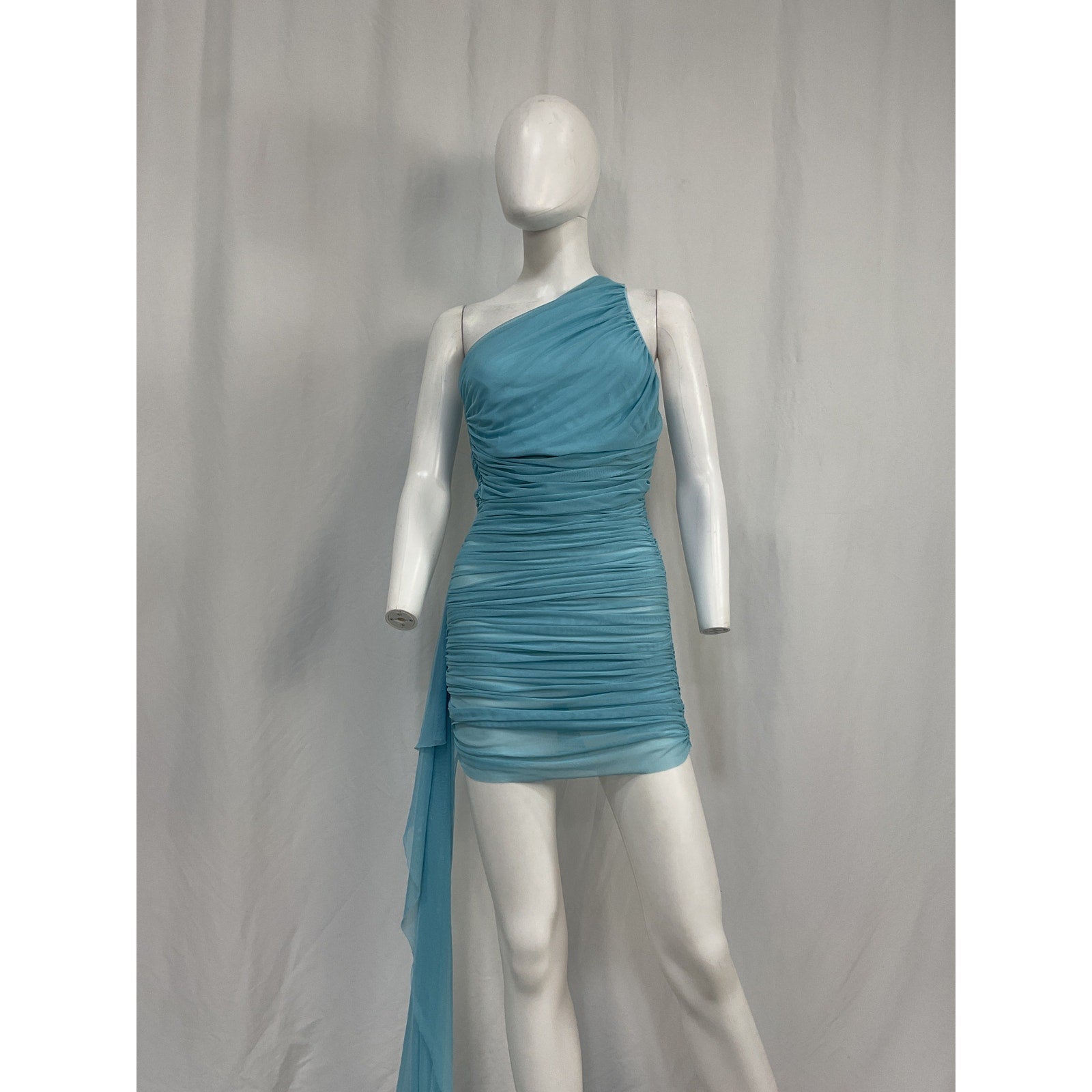 The Sei Blue Polyester Drape-Detail Ruched Chiffon Mini Dress Size S