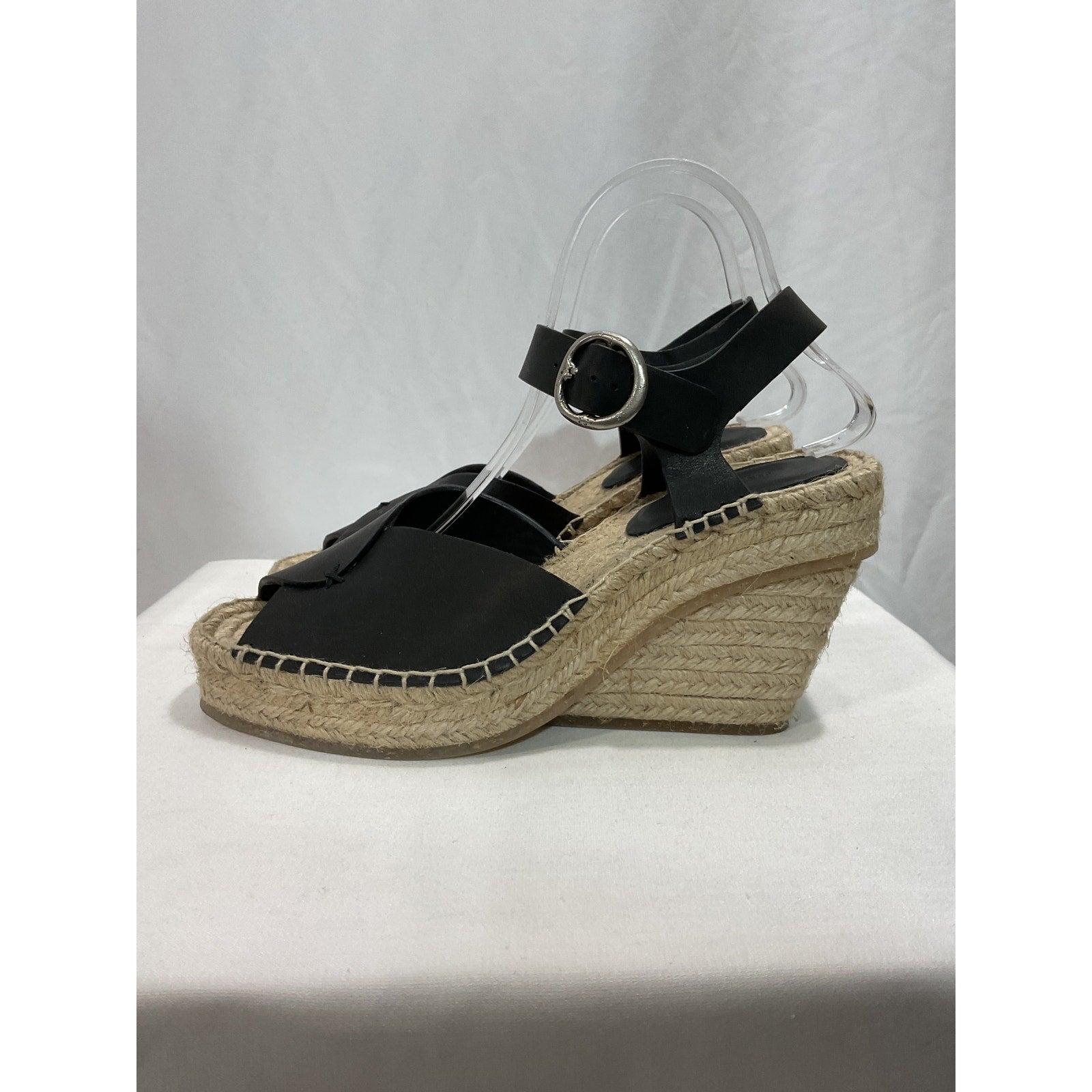 Rag & Bone 'Santiago' Black Leather Espadrille Peep Toe Platform Wedge Sandal Size 9.5