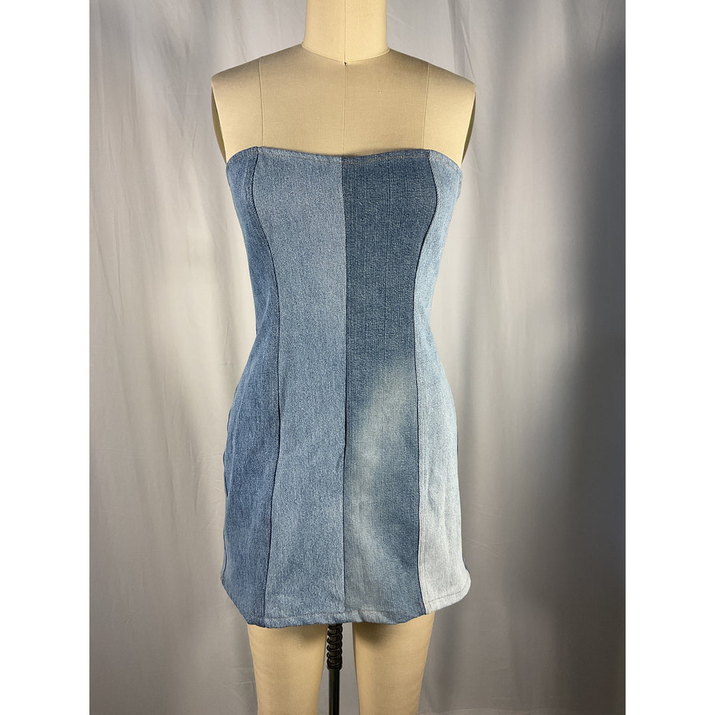 Eb Denim Blue Strapless Mini Patchwork Dress Size M