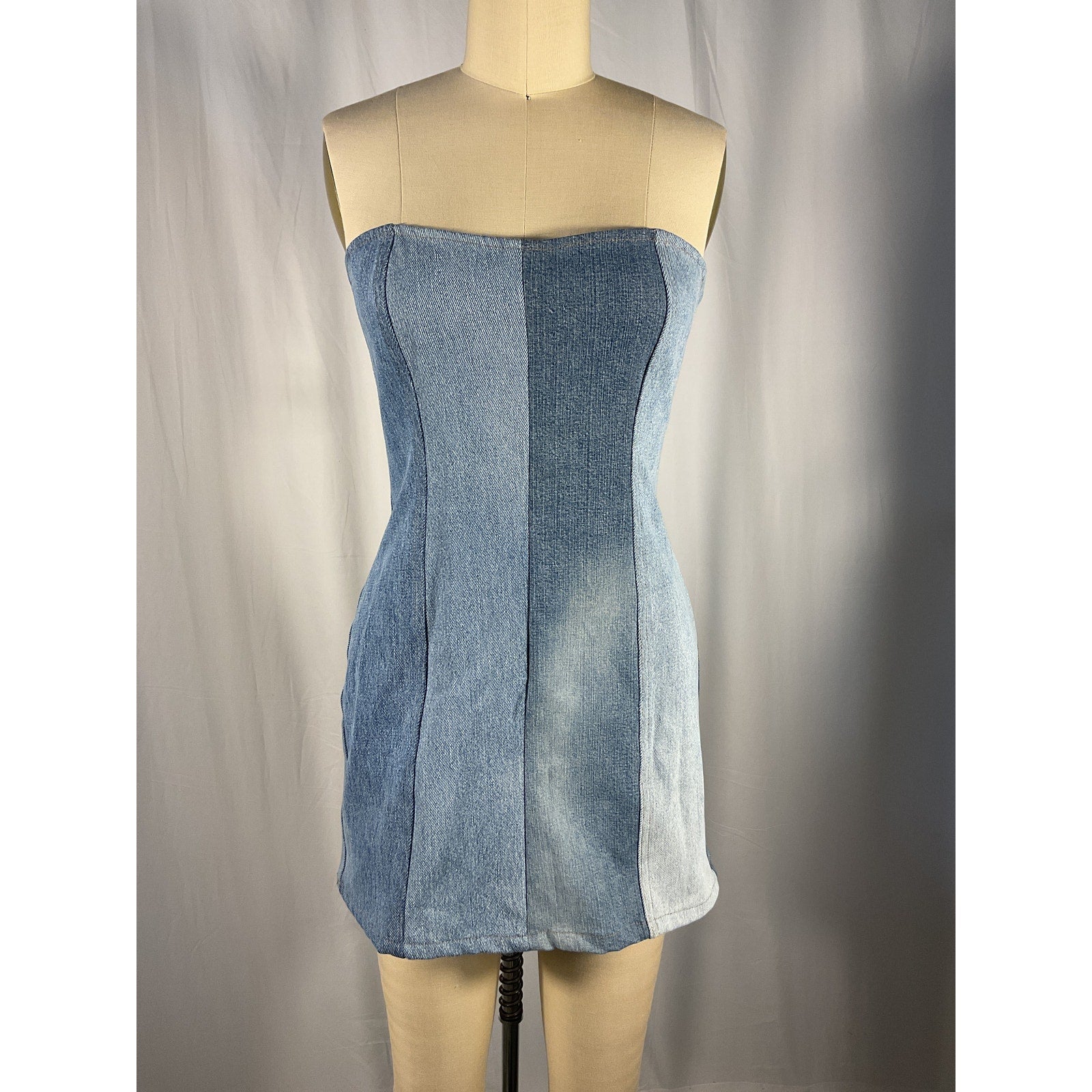 Eb Denim Blue Strapless Mini Patchwork Dress Size M