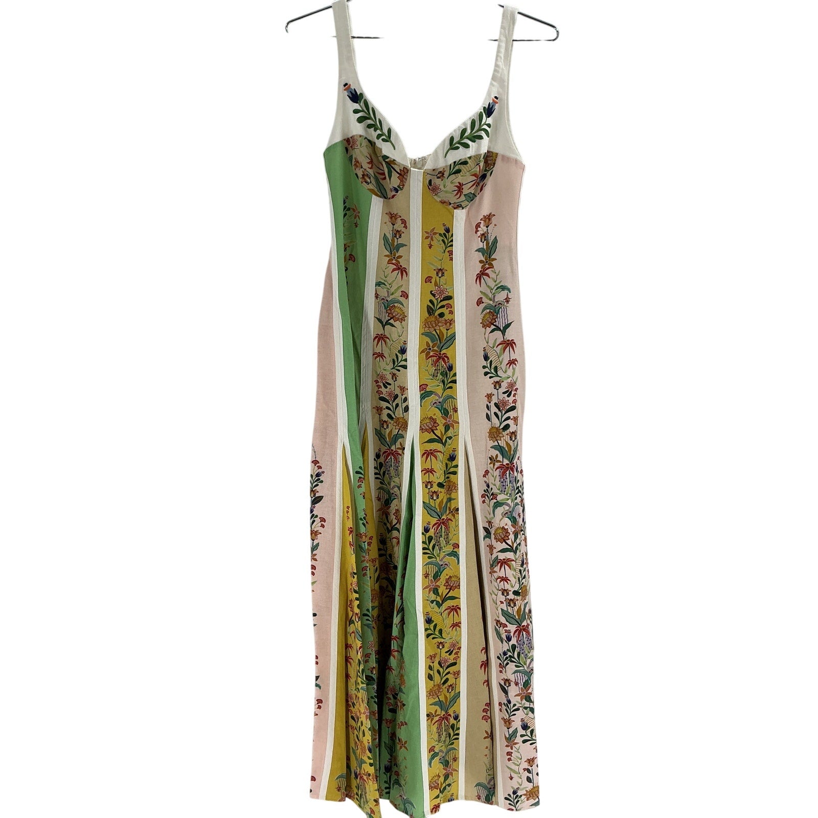 Farm Rio 'Delicate' Green Linen Floral Stripes Sleeveless Gore Dress Size XS