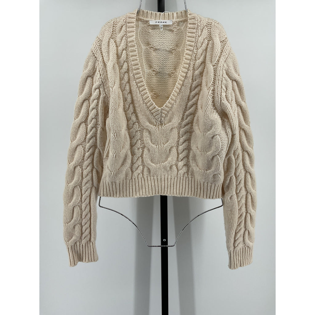 Frame Cable Crop White Merino Wool Sweater Size M