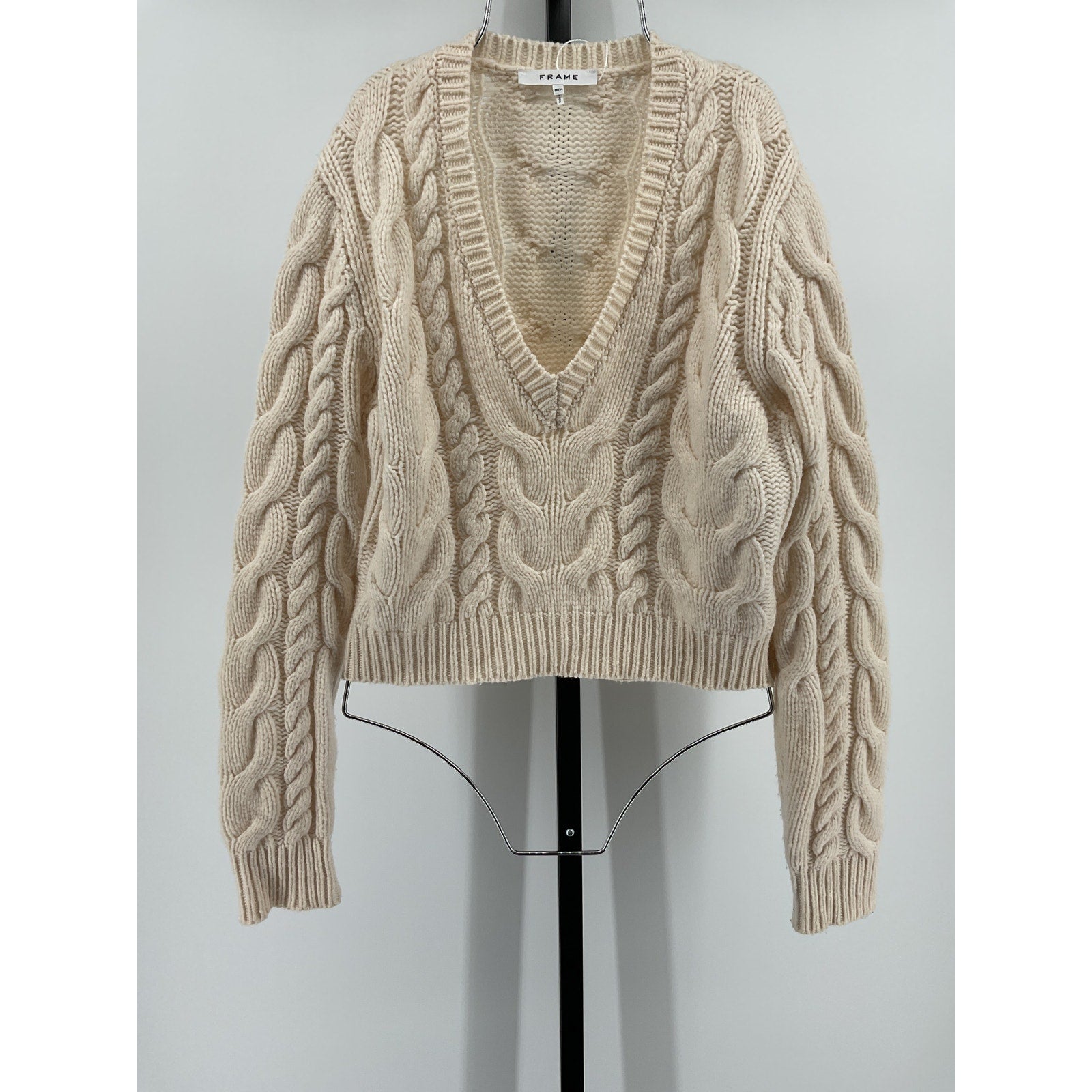 Frame Cable Crop White Merino Wool Sweater Size M