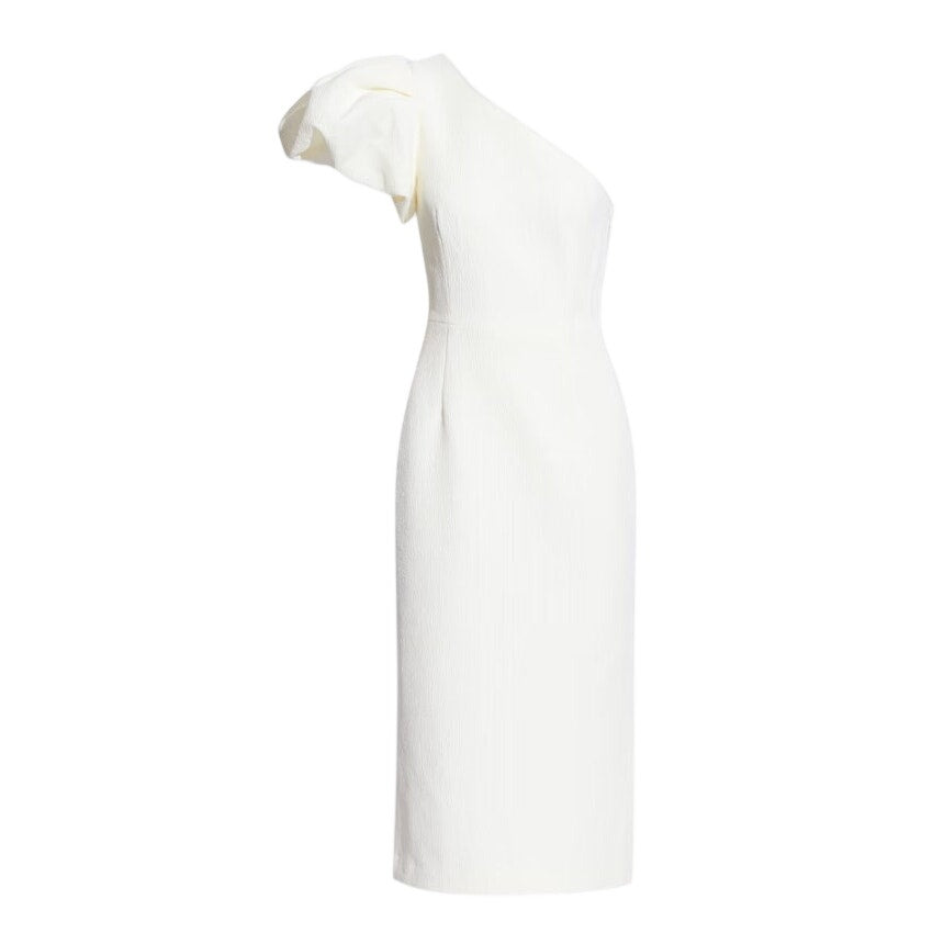 Rebecca Vallance Asymmetric Cream One Shoulder Cloque Midi Dress Size 2