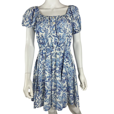 Caroline Constas Printed Blue Garden Toile Bardot Mini Dress Size L
