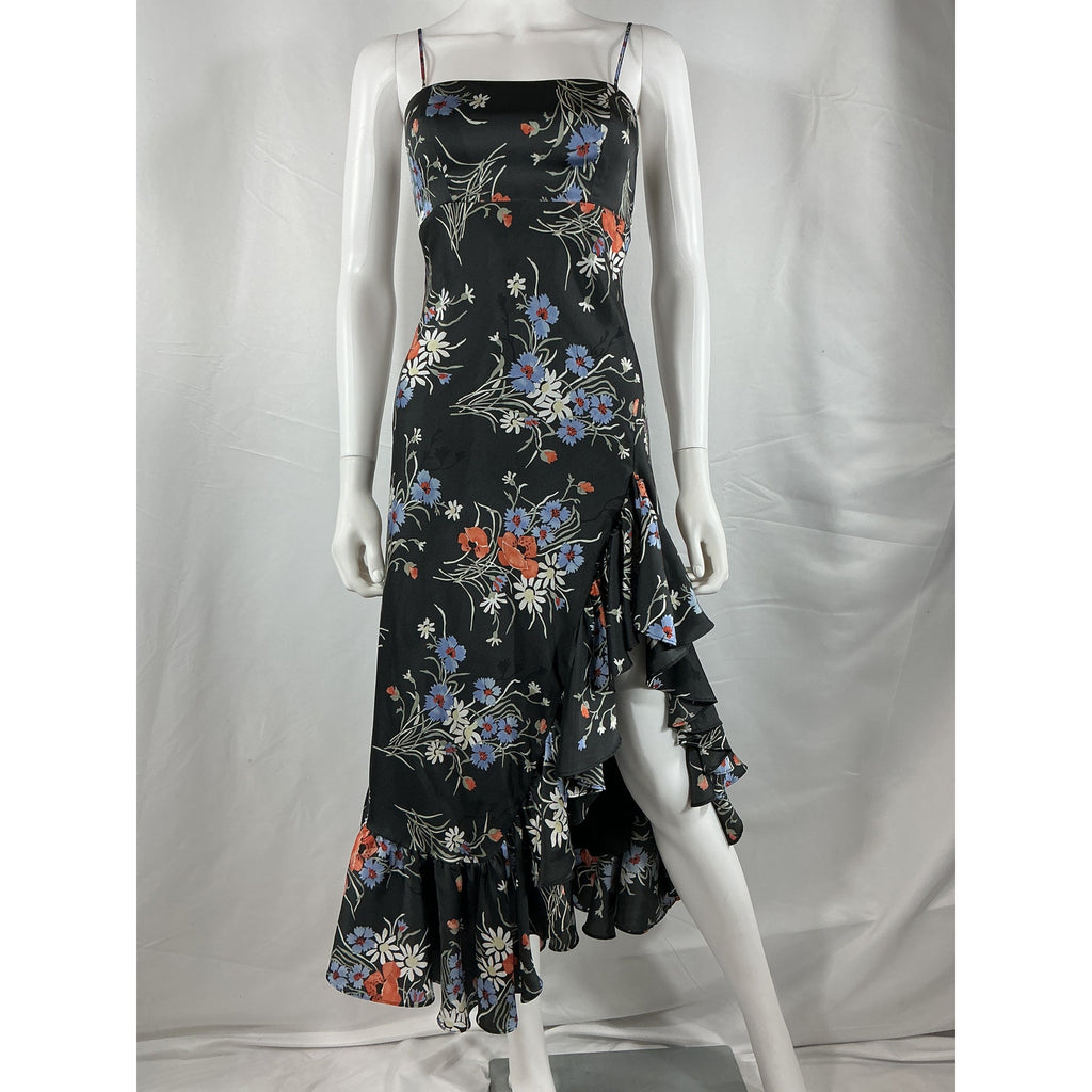 Cinq A Sept 'Penny' Black Polyester Satin Floral Ruffled Maxi Dress Size 0