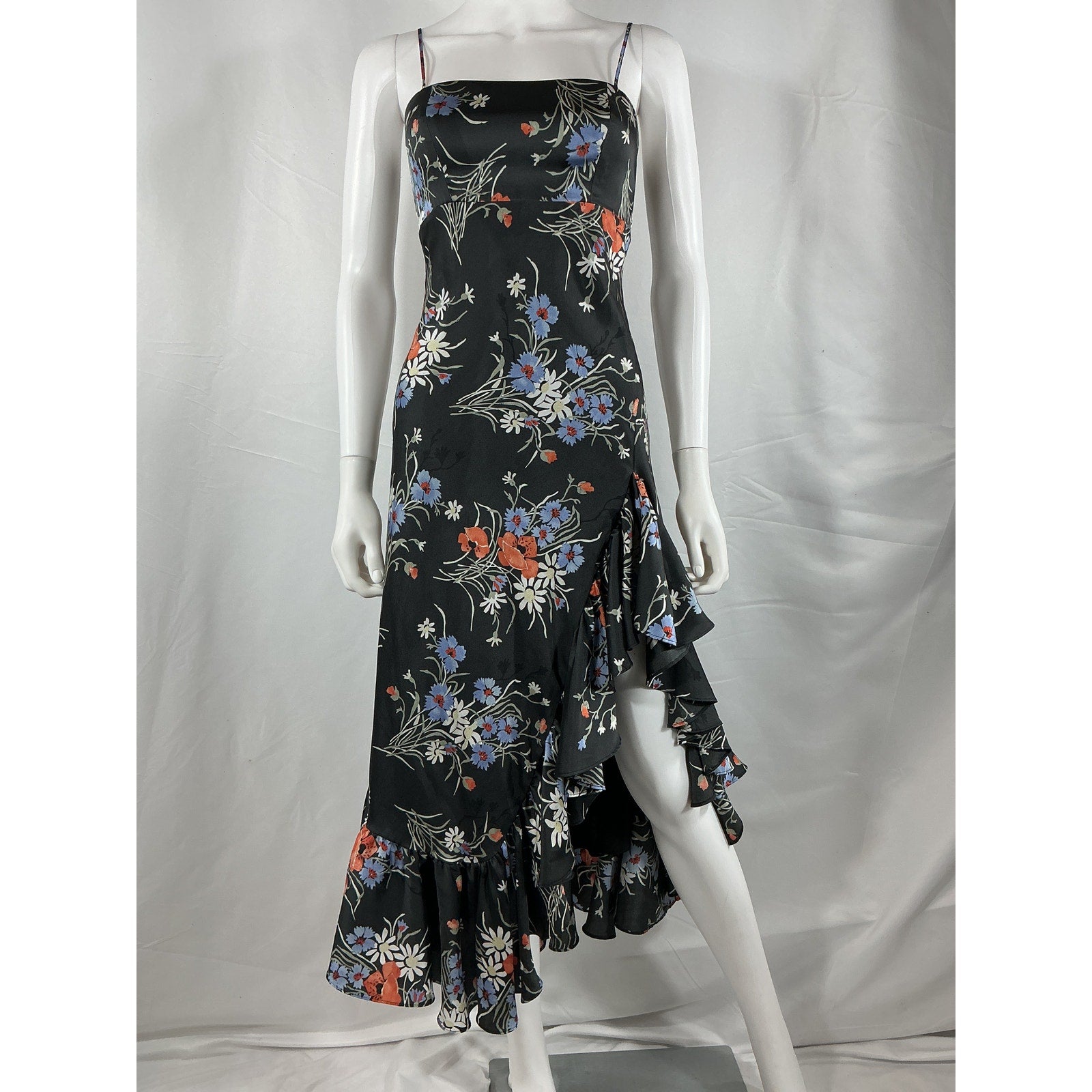 Cinq A Sept 'Penny' Black Polyester Satin Floral Ruffled Maxi Dress Size 0