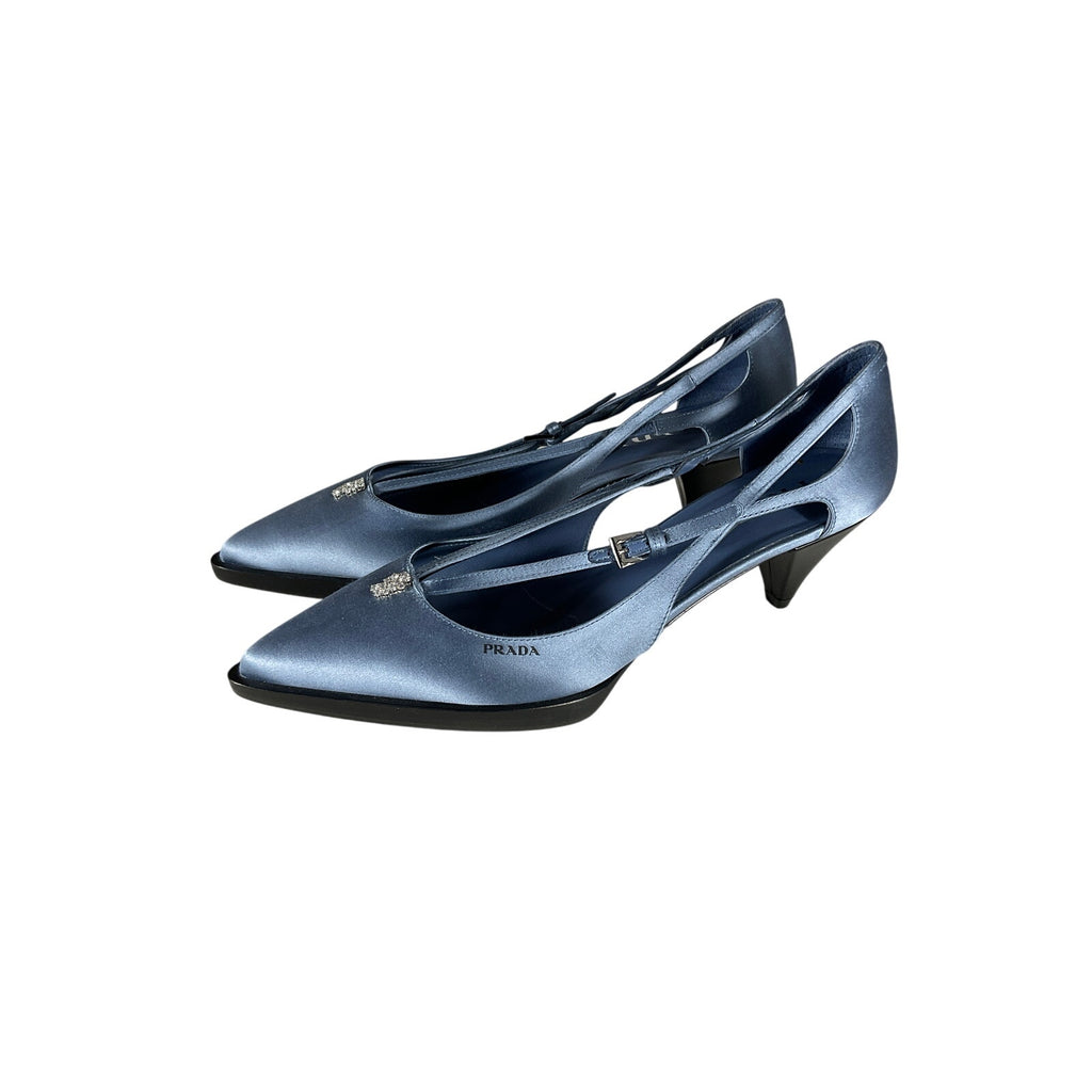 Prada Satin Crisscross Blue Satin Buckle Pumps Size 8.5