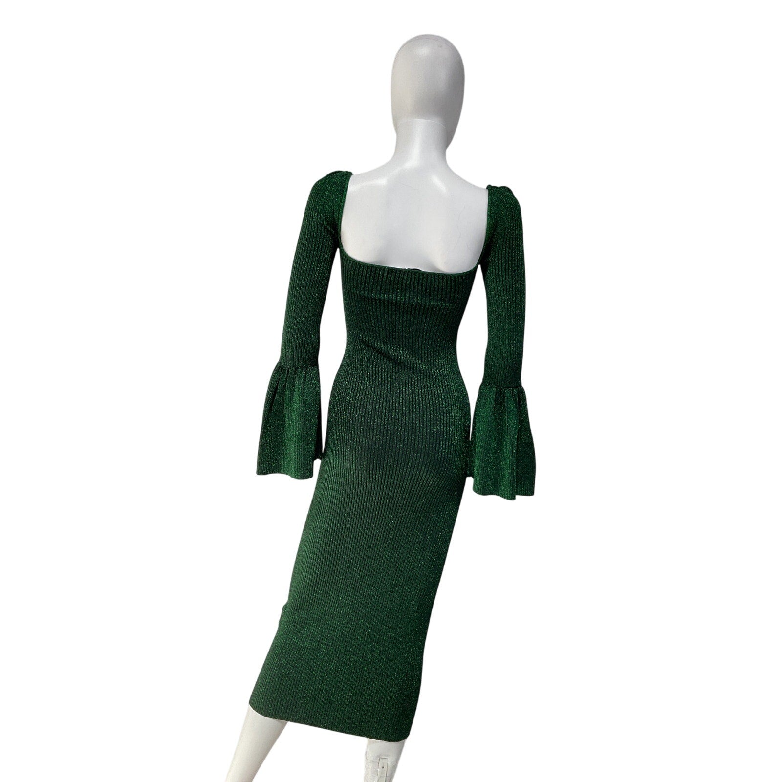 Self-Portrait 'Metallic' Green Polyamide Ribbed Midi Dress Size S
